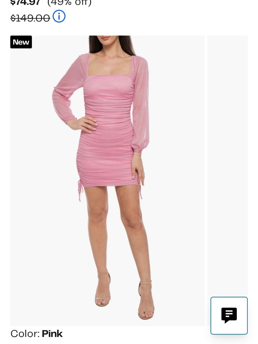 Jump Pink Ruched Square-Neck Mini Dress with Sheer Long Sleeves